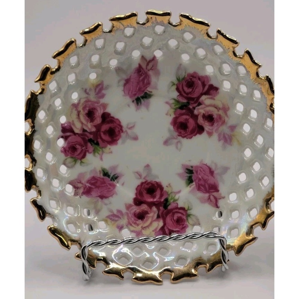 Vintage Napco China 1DD183 Footed Teacup Saucer Set Pierced Lattice Edge Rose...